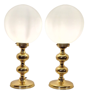 Vintage Brass Table Lamps with White Glass Shades, 1970s, Set of 2