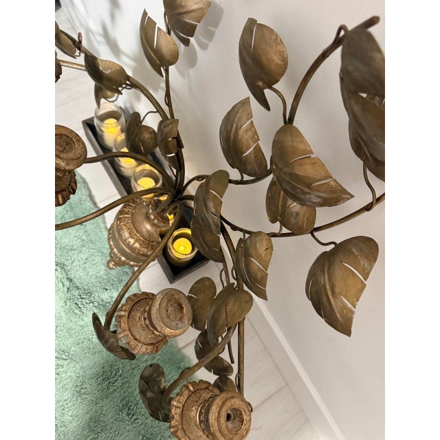 Large Vintage Gold Metal Leaf 7-Candle Wall Candelabra For Sale - Image 9 of 14