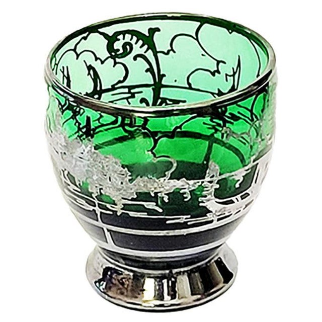 Set of 6 antique green Venetian style glass cordial glasses with sterling silver overlay Demure in size: 1 3/4" high x 1...