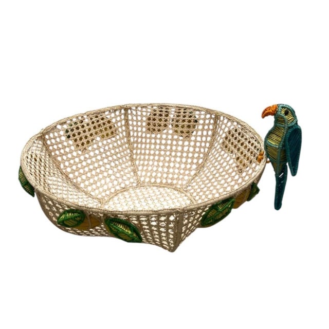 Vintage Tropical Raffia & Cane Fruit Bowl With Perched Parrot & Lemon Accents For Sale In West Palm - Image 6 of 12