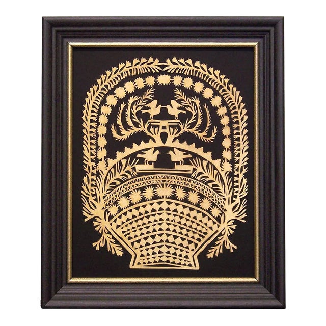 Lovebirds Basket Scherenschnitte Paper Cutting in Black Frame With Gold Trim For Sale
