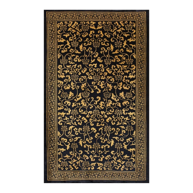 1920s Black Floral Antique Chinese Rug 6' 0'' X9' 8'' Handknotted Wool Carpet For Sale