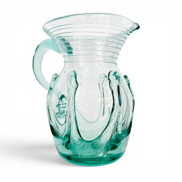 1976 Liberty Village Glasshouse Aquamarine Lily Pad Blown Glass Pitcher 6.75" For Sale In San Francisco - Image 6 of 11