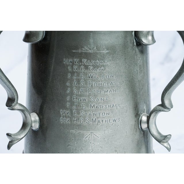 Fantastic Triple Handle Antique Trophy Tankard Pewter Cup Victorian University Rowing Crew Sports Home Decor For Sale - Image 9 of 13