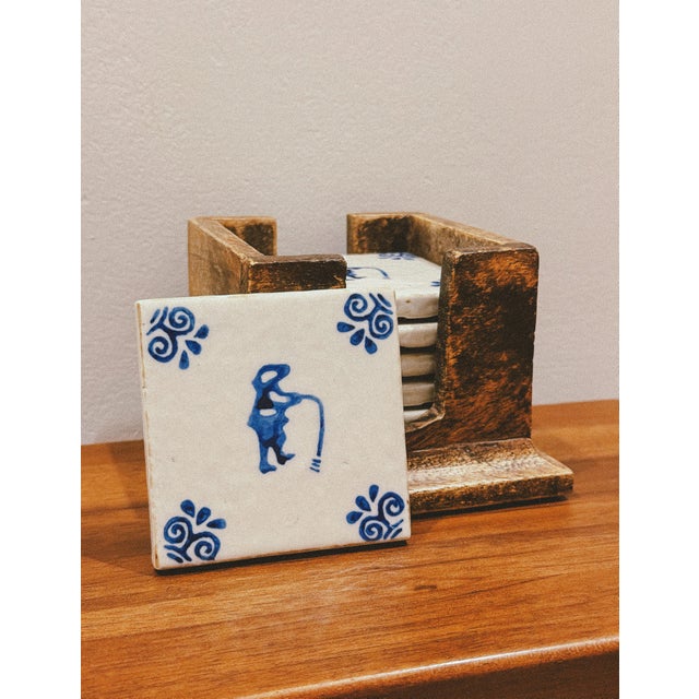 Blue Portuguese Painted Faience Coasters with Wooden Stand, 1960s, Set of 7 For Sale - Image 8 of 8