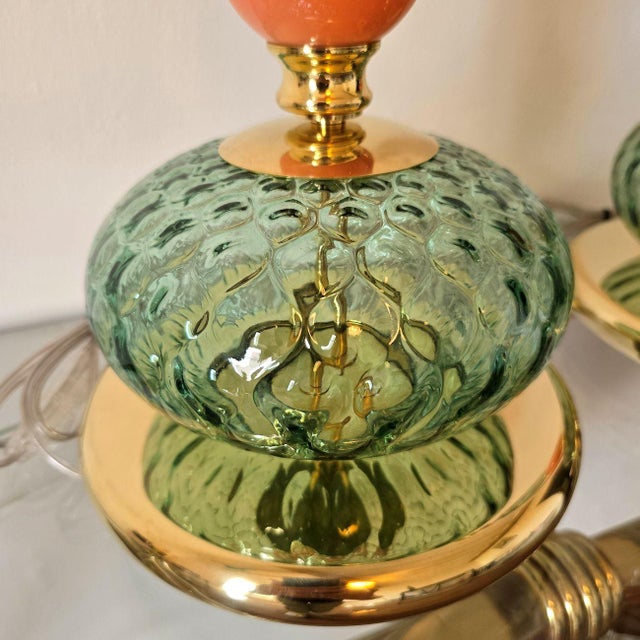 Metal 1990s Pair of Green, Mid Century Modern, Murano Glass Table Lamps For Sale - Image 7 of 9