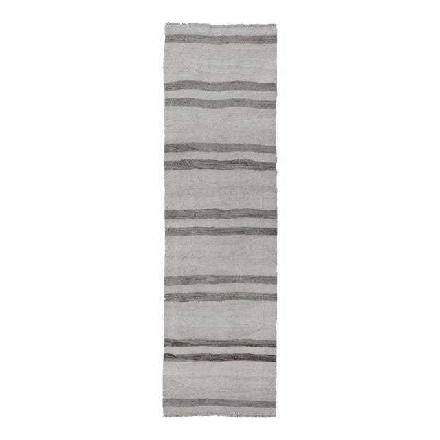 Mid 20th Century Vintage Turkish Kilim Runner With Horizontal Stripes in Gray Charcoal & Cream For Sale