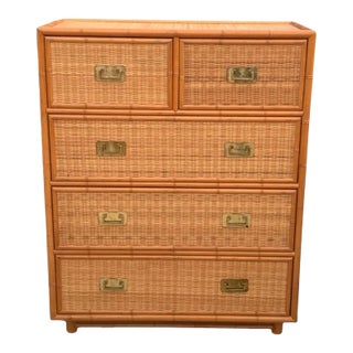 Late 20th Century Faux Bamboo and Wicker Chest 5 Drawers For Sale