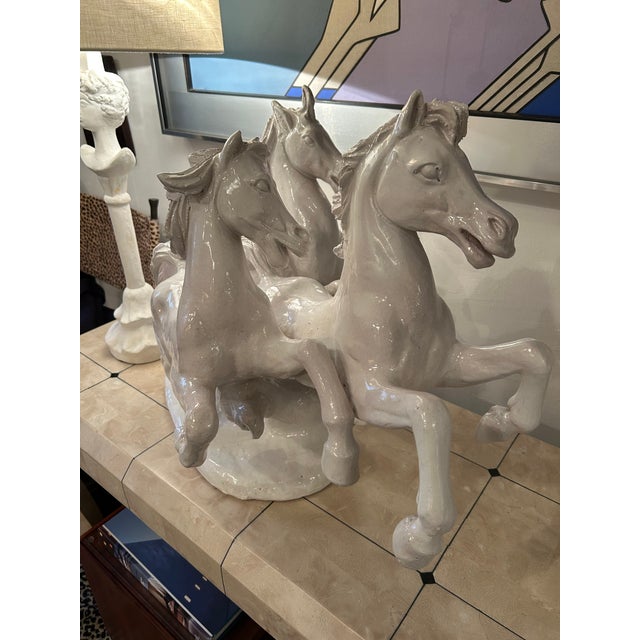 Hollywood Regency Large Glazed Terracotta Sculpture of Galloping Horses For Sale - Image 3 of 14