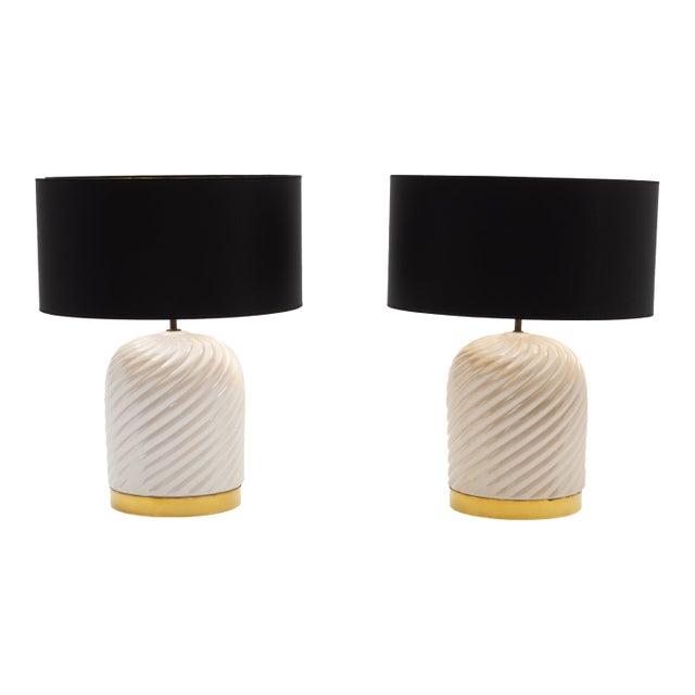 Tommaso Barbi Pair of Ceramic Table Lamps With Brass Detailing, 1970, Unnwired For Sale