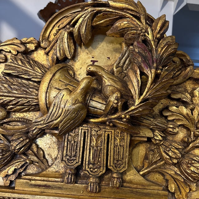 Traditional Large Carved Antique Regency Carved Wood Gold Mirror.. 64” Tall. Three Dimensional Carving Doves and Cornucopia. For Sale - Image 3 of 8