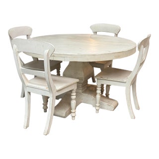 French Country Farmhouse Round Extension Dining Table + Four Chairs Set For Sale