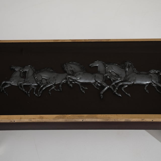 1960s Wood & Brass Coffee Table With Glass Covered Relief Of Galloping Horses For Sale In Greensboro - Image 6 of 13