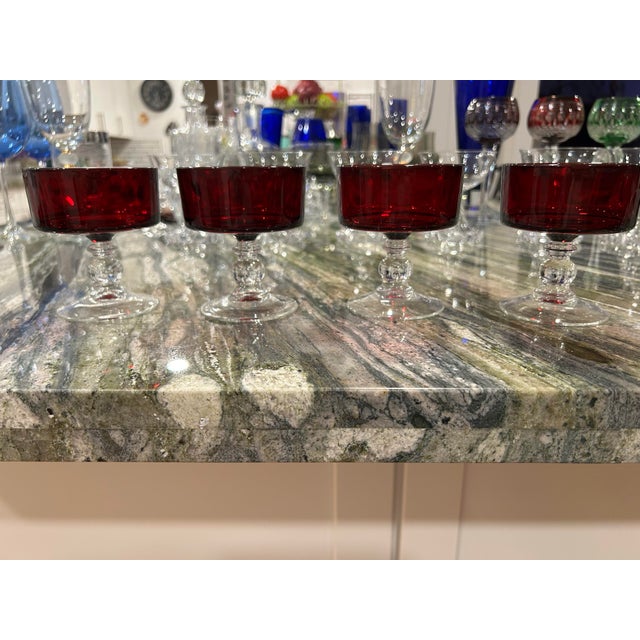 Durand 1970s Set of 4 Cristal D’arque French Made Deep Red Champagne Coupes and Dessert Glasses For Sale - Image 4 of 12