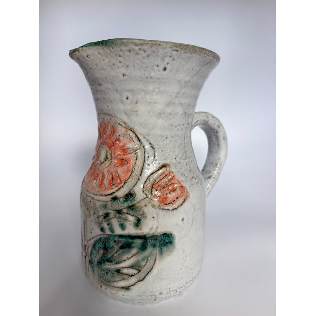 Ceramic Mid-Century Modern Rustic Earthenware Jug with Floral Pattern by Albert Thiry for Vallauris, 1960s For Sale - Image 7 of 7