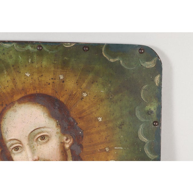 Mexican Sacred Heart of Jesus, Oil on Tin Over Panel, 19th Century For Sale - Image 3 of 12