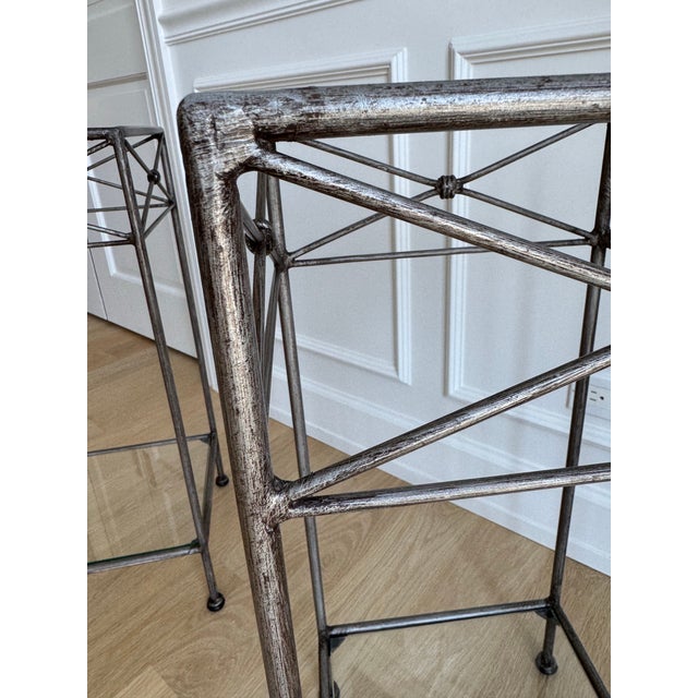 1970s Pair of Vintage Silvered Iron Neoclassical Pedestals / Side Tables / Plant Stands For Sale - Image 5 of 10