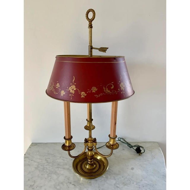 Mid 20th Century Mid 20th Century French Provincial Louis XVI Brass Three-Arm Bouillotte Lamp With Red Tole Shade For Sale - Image 5 of 11