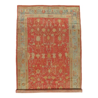 Antique Oushak Carpet, Oriental Rug, Handmade Coral, Ivory and Light Blue, Soft For Sale