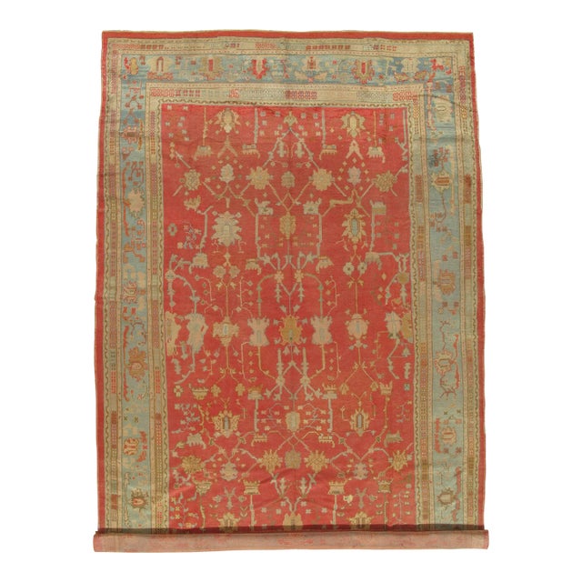 Antique Oushak Carpet, Oriental Rug, Handmade Coral, Ivory and Light Blue, Soft For Sale