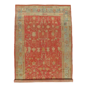 Antique Oushak Carpet, Oriental Rug, Handmade Coral, Ivory and Light Blue, Soft