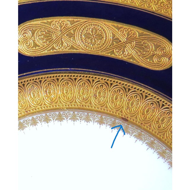 Set of 11 Hutschenreuther Dinner Plates Cabinet Service Cobalt Blue & Raised Gold Encrusted 10.5" For Sale In Providence - Image 6 of 7