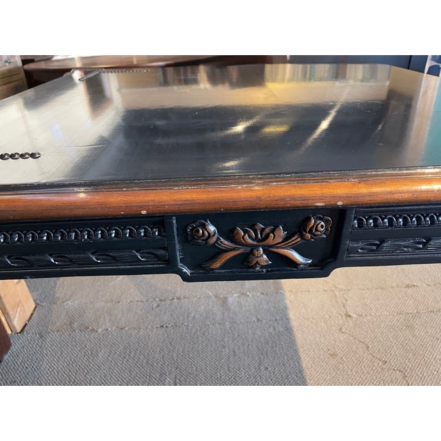 A Solid Hardwood Old Hickory Game Table Featuring a Western Motif, Highlighted by Nail Trim, Fluted Legs, and an Intricately Carved Apron For Sale - Image 9 of 11