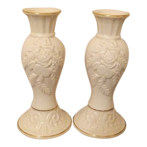 1980s Pair of Lenox Usa Winter Bouquet Ornate Embossed Candlesticks
