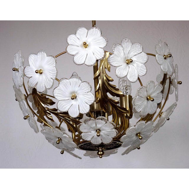 Mid-Century Modern Gilded Metal and Glass Flower 4-Light Chandelier, 1990s For Sale - Image 3 of 12