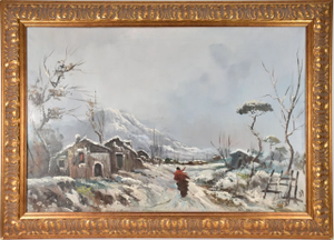 Antonio Divity (Italy, 1901-1993) Oil on Canvas, Winter Village Scene