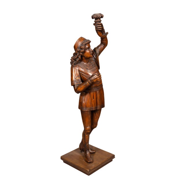 Early 19th Century Italian Carved Walnut Torchere Of A Standing Boy Holding A Torch For Sale - Image 5 of 12