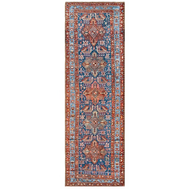 1930s Blue Geometric Caucasian Akstafa Runner Runner Rug 3'7" X 11'3" Wool Handknotted Carpet For Sale - Image 4 of 5