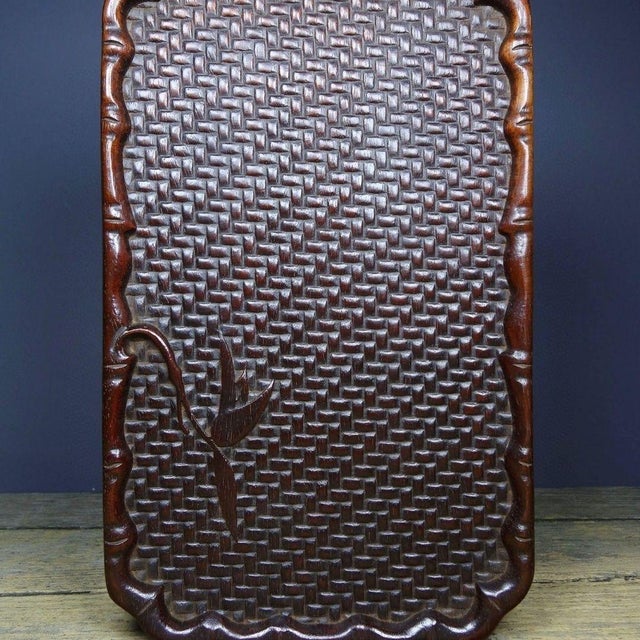 Chinese Vintage Rosewood Tea Tray - Carved Woven & Bamboo Motif For Sale - Image 3 of 9