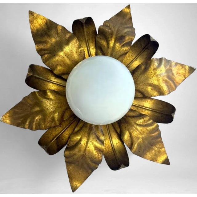 Mid 20th Century Italian Gilt Brass and Opaline Glass Flush Mount Ceiling or Wall Light For Sale - Image 6 of 18