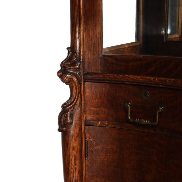 1900-1909 Attributed to Rj Horner Figural Carved Oak Server, Griffins & Full Serpentine Glass For Sale - Image 10 of 17