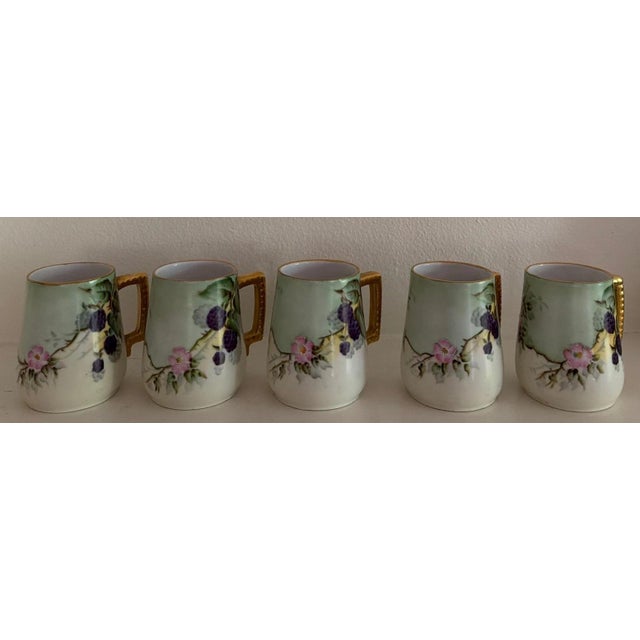 White 6 Piece Antique Limoges Hand Painted by McCue BlackBerry Pitcher and Cups For Sale - Image 8 of 9