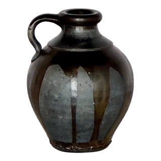 Vintage Grey Hand Thrown Vase With Black Drip Glaze For Sale