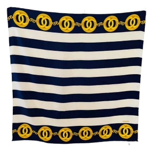 Chanel Vintage Foulard Soie Décapant Bleu Et Blanc Marine
