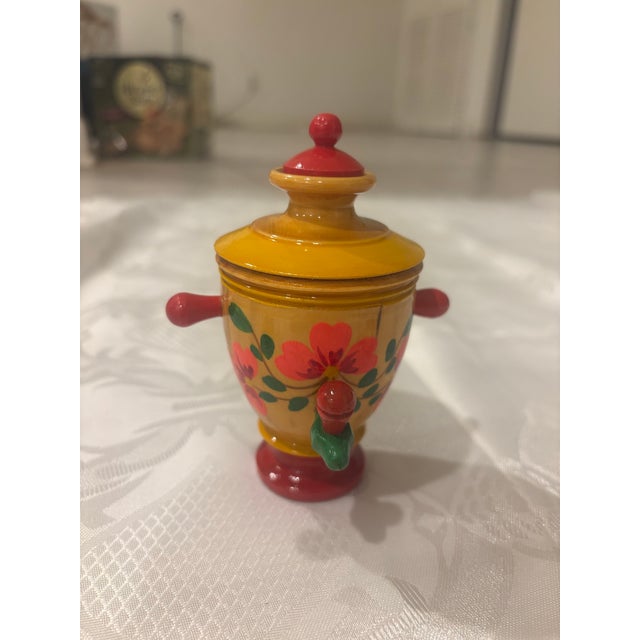 Mini Khokloma Russian Samovar Tea Set. Light colored wooden rooster punch, includes 6 pieces. There are 3 sets, 18 total...