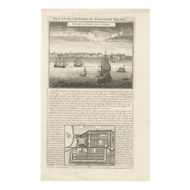 Antique View of Surat and Plan of Batavia, 1719 For Sale