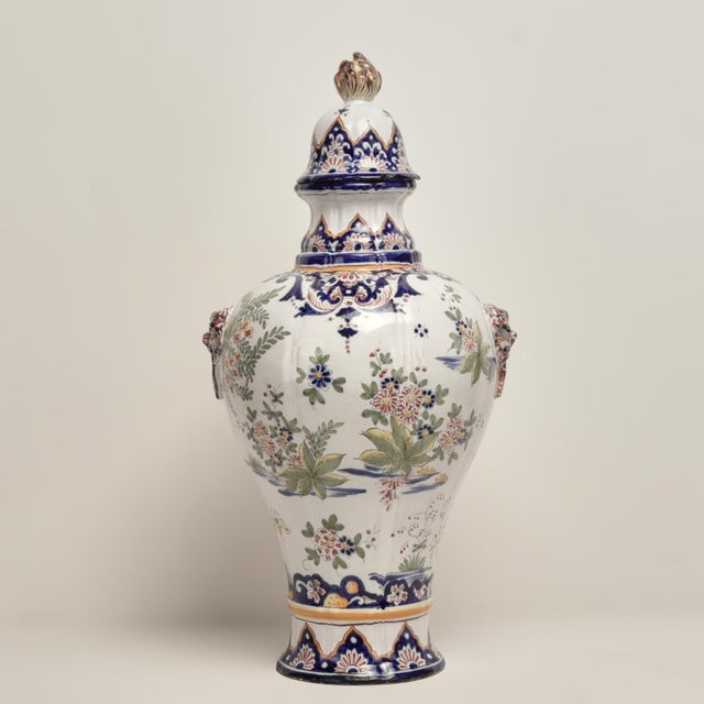 French Pair of Antique French Faience Earthenware Lidded Urns For Sale - Image 3 of 14