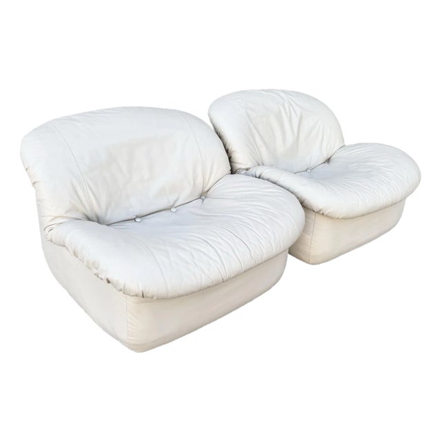 Postmodern Cream Sculpted Tufted Leather Swivel Lounge Chairs - A Pair For Sale