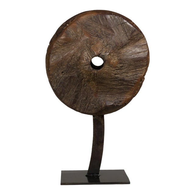 19th Century Ancient Indian Cart Wheel Mounted on Custom Black Lacquered Base For Sale