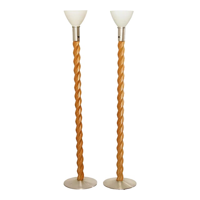Mid 20th Century Mid-Century Modern Oak Spiral Torchiere Floor Lamps Attributed to Russel Wright - A Pair For Sale