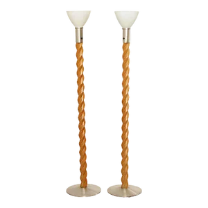 Mid 20th Century Mid-Century Modern Oak Spiral Torchiere Floor Lamps Attributed to Russel Wright - A Pair