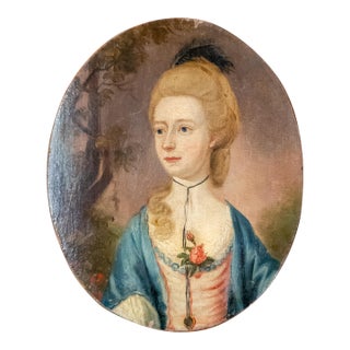 18th Century English Oval Portrait Painting of a Lady in Blue For Sale