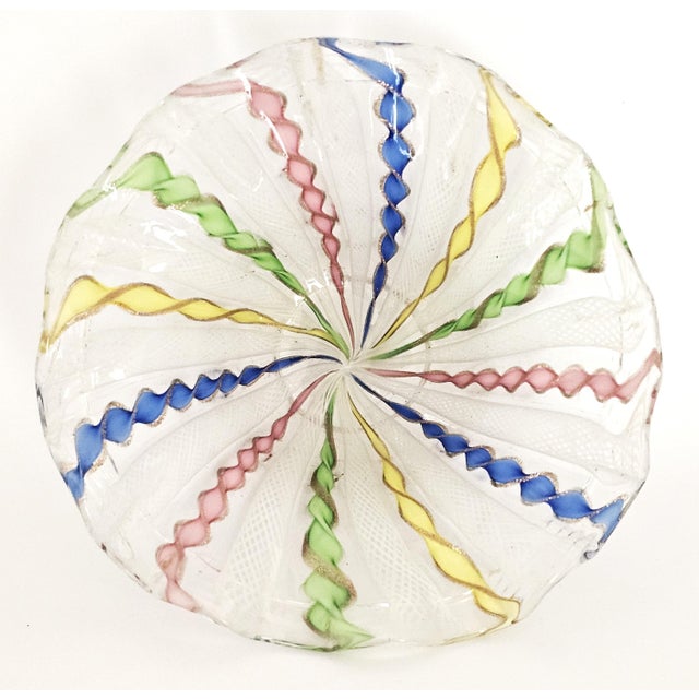 Glass Murano Latticino Ribbon Art Glass Footed Bowl — Multicolor Gold Fleck, Italy For Sale - Image 7 of 14