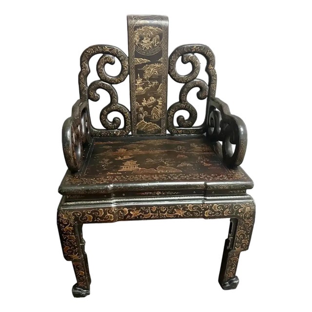 Antique Chinese Export Gilt & Black Lacquer Throne Chair For Sale