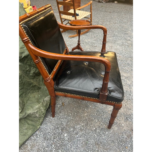 Black Mid-Century Hollywood Regency Faux Bamboo & Tufted Black Leather Armchair For Sale - Image 8 of 11