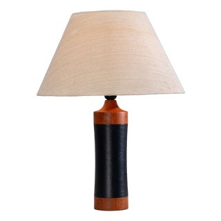Teak Table Lamp with Black Leather Wrapping, 1960s For Sale